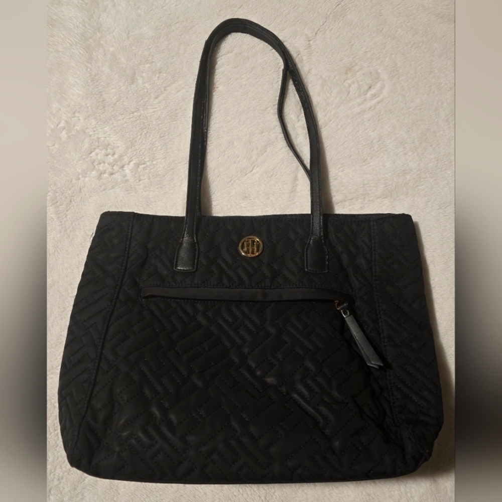 Tommy Hilfiger Purse Black And Gold Tote Shoudler Bag TH Handbag